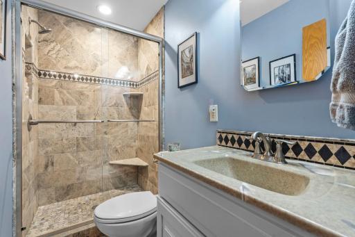 An updated tile bathroom on the main floor.