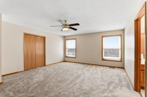 Spacious primary bedroom with dual windows; walk-in closet and additional 2nd closet
