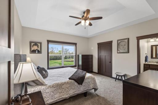 Main floor primary suite has a tray vault ceiling, walk-in closet and 3/4 bath