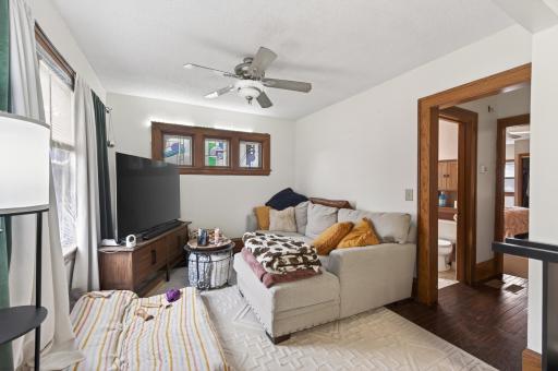Living room area with lots of natural lighting.