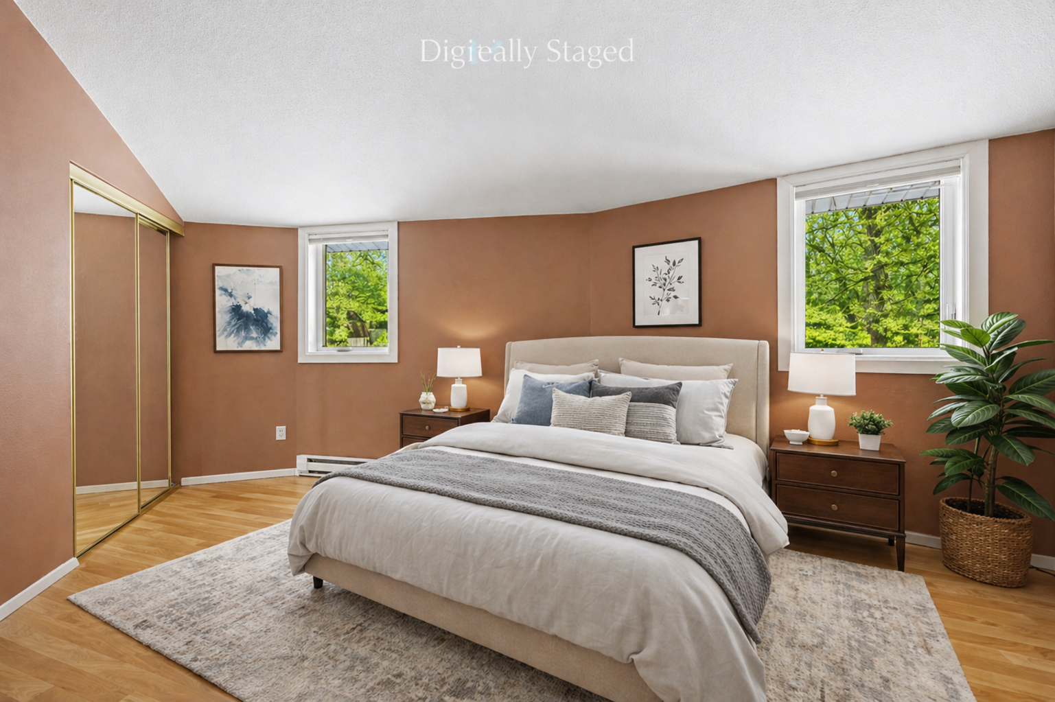 Digitally staged upstairs bedroom 1