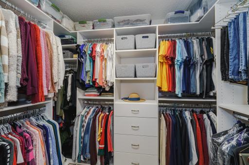 The closet is by Closet Factory and has efficient and sturdy space for all your on-and-off-season storage needs!