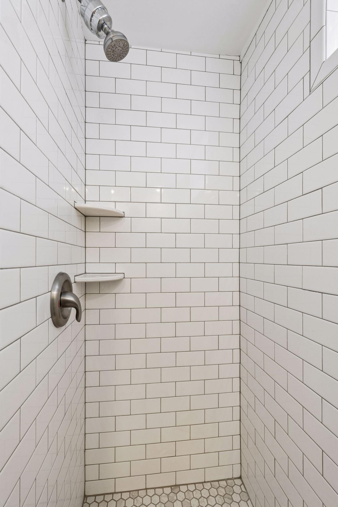 Lower-level tiled walk-in shower