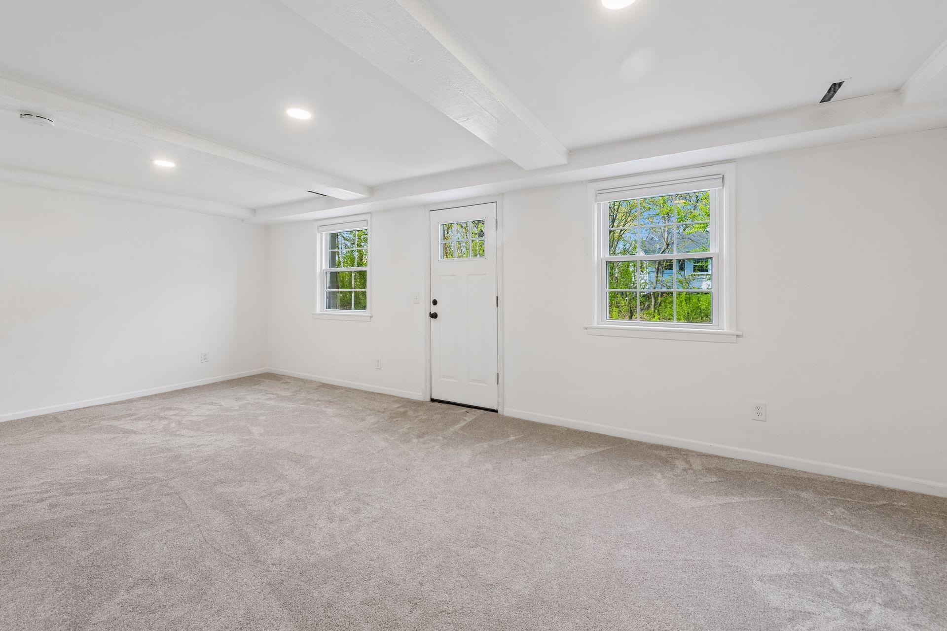Lowe-level walk-out family room with new door