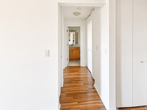 Hall with additional closet leading to bedroom, bathroom and in unit laundry