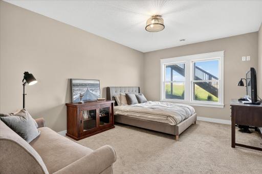 the 4th bedroom on the lower-level bedroom with neutral tones, large windows, and soft carpeting.
