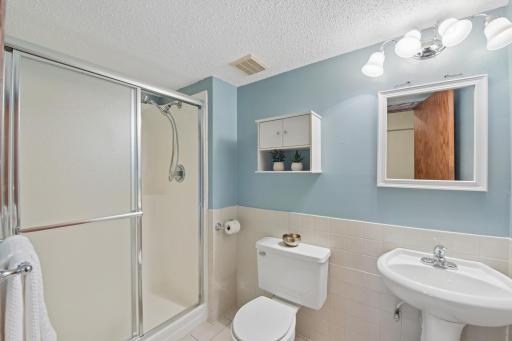 Lower level 3/4 bathroom is right in front of 5th bedroom and flex room-perfect guest suite