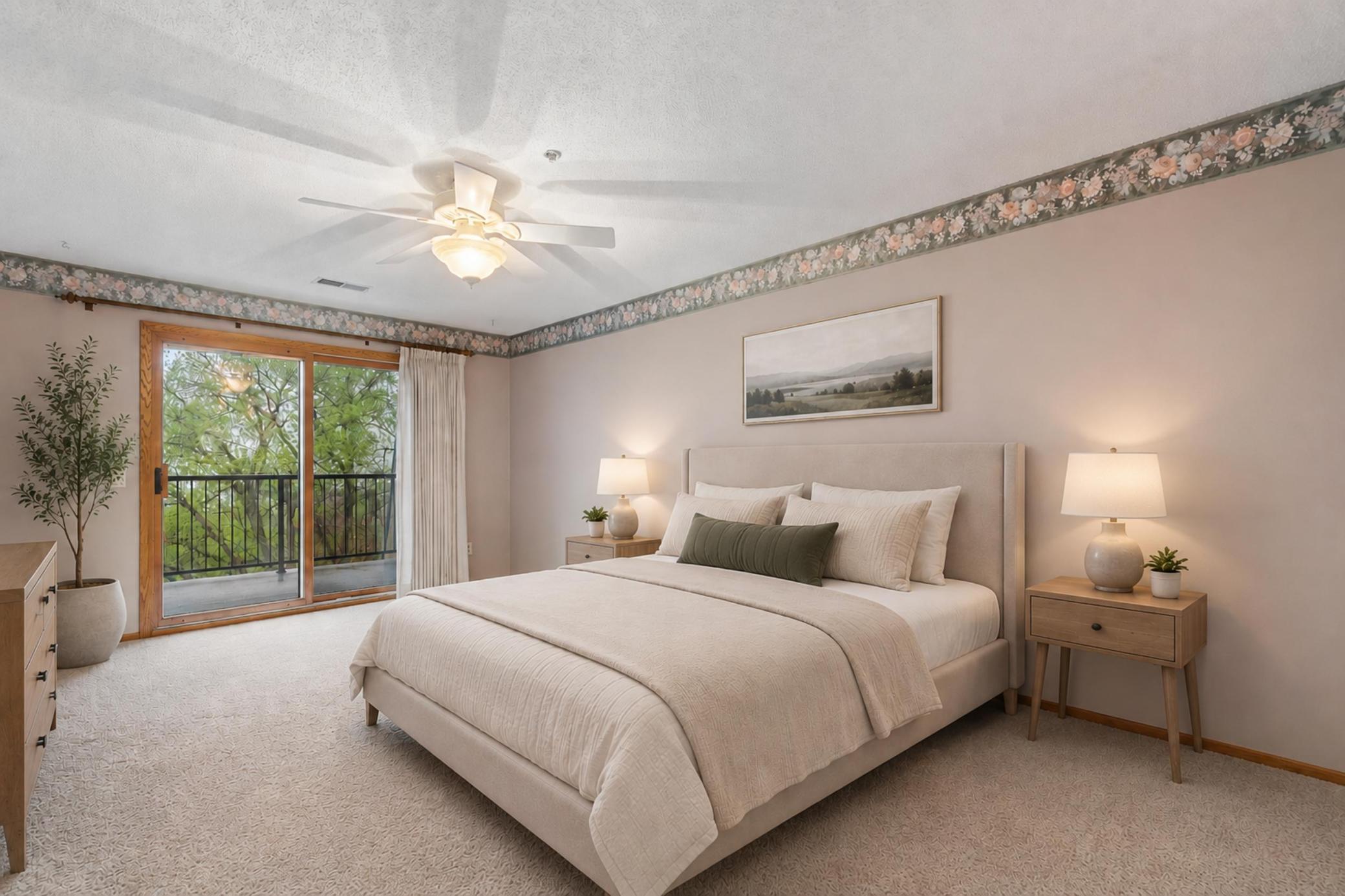 A beautifully tranquil bedroom where you can start your day with coffee overlooking the nature preserve. (virtually staged)