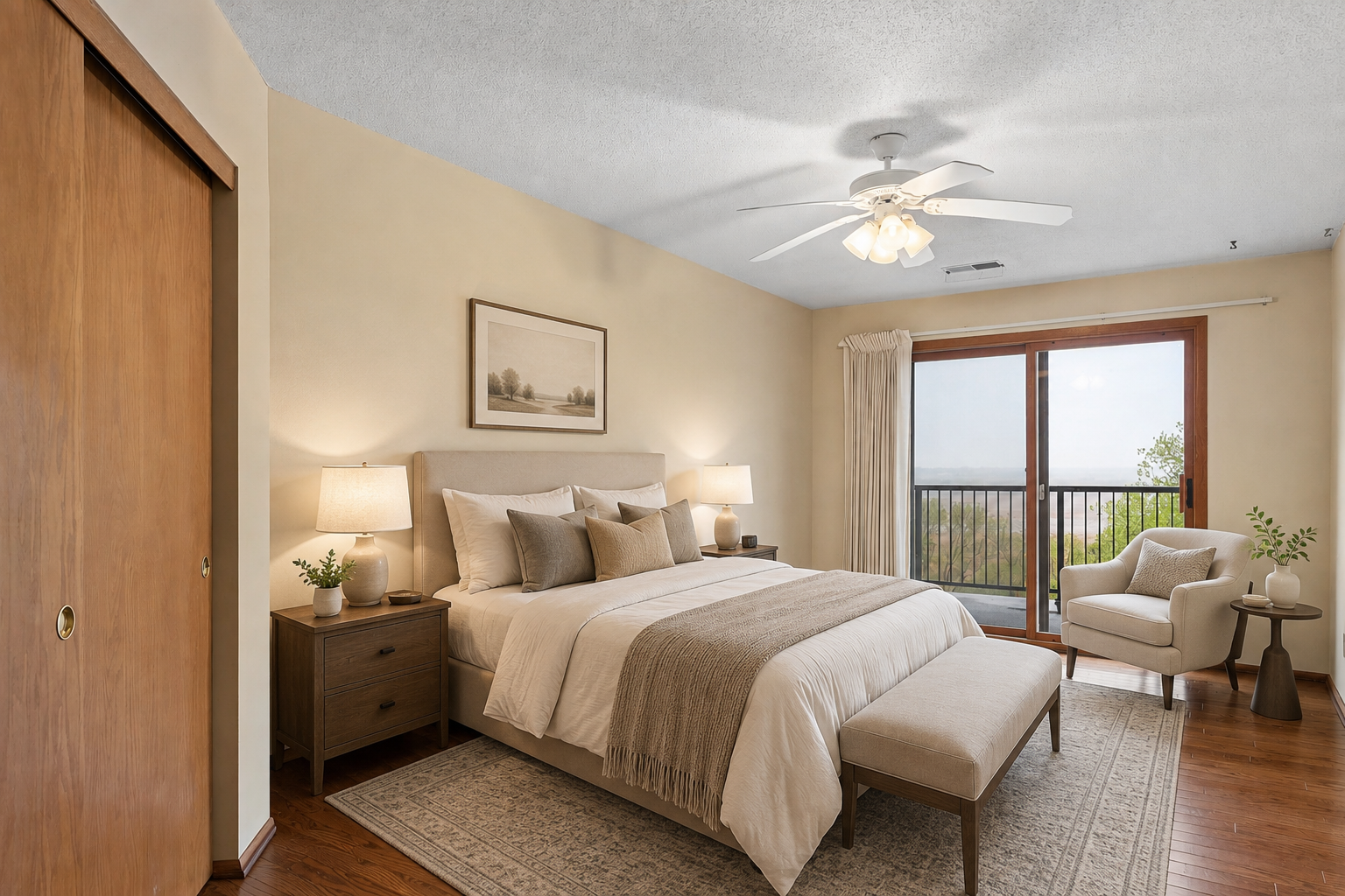 Wake up to tranquil nature views with sliding glass door access directly from the room. (virtually staged)