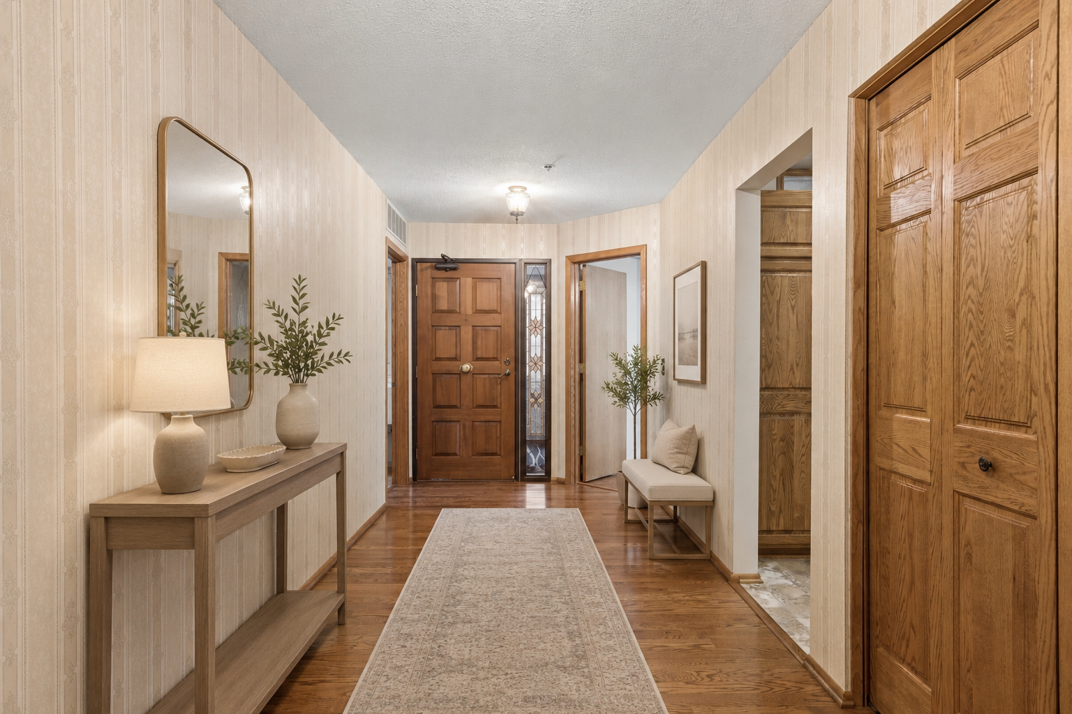 Step through a solid oak door into a quiet, welcoming foyer that feels immediately like a private home. (virtually staged)