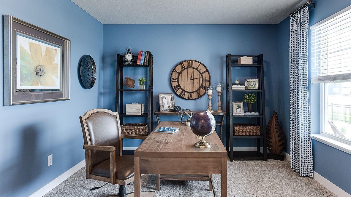 The front flex room on the Finnegan provides options for an at home office, play room, or exercise area! Photos of model home. Colors and options may vary. Ask Sales Agent for details.