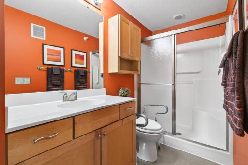 Step-in shower. Floating vanity with under cabinet lighting