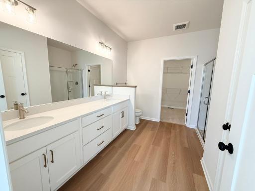 Owner's en suite bath includes double sinks, 5-foot shower stall, and linen closet