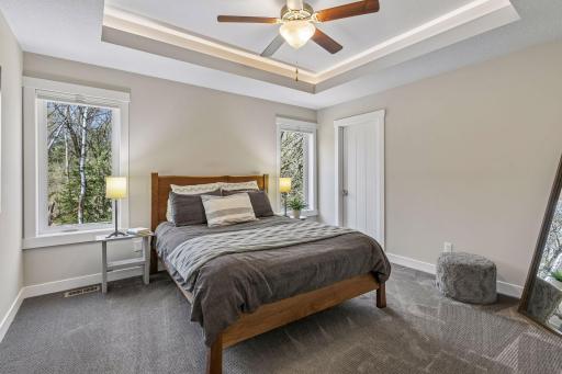 This is the 3rd bedroom on the upper level with a walk-in closet - also offering a tray ceiling & the adjustable Hue lighting.
