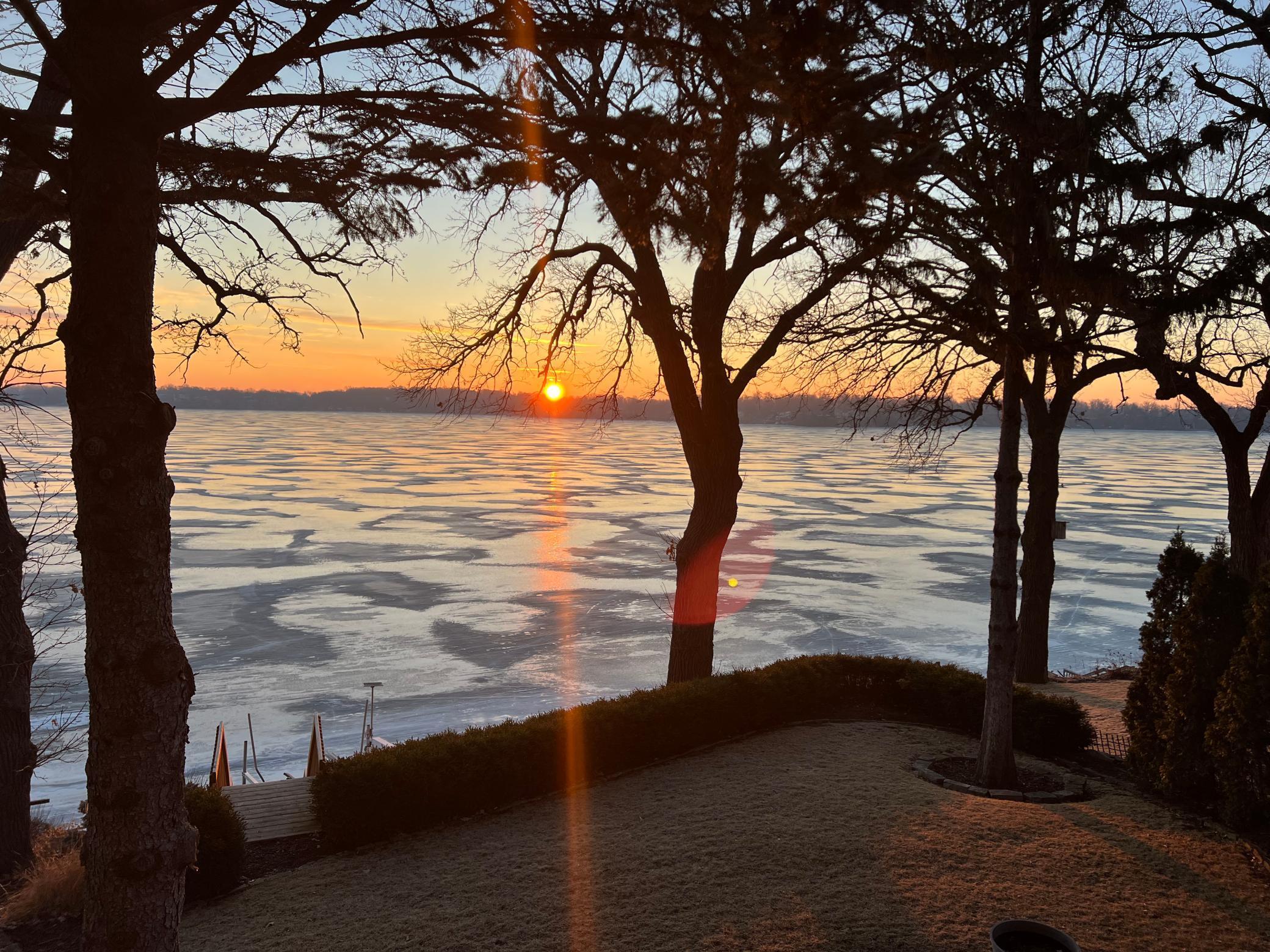 A winter's sunrise peaks up over the trees.