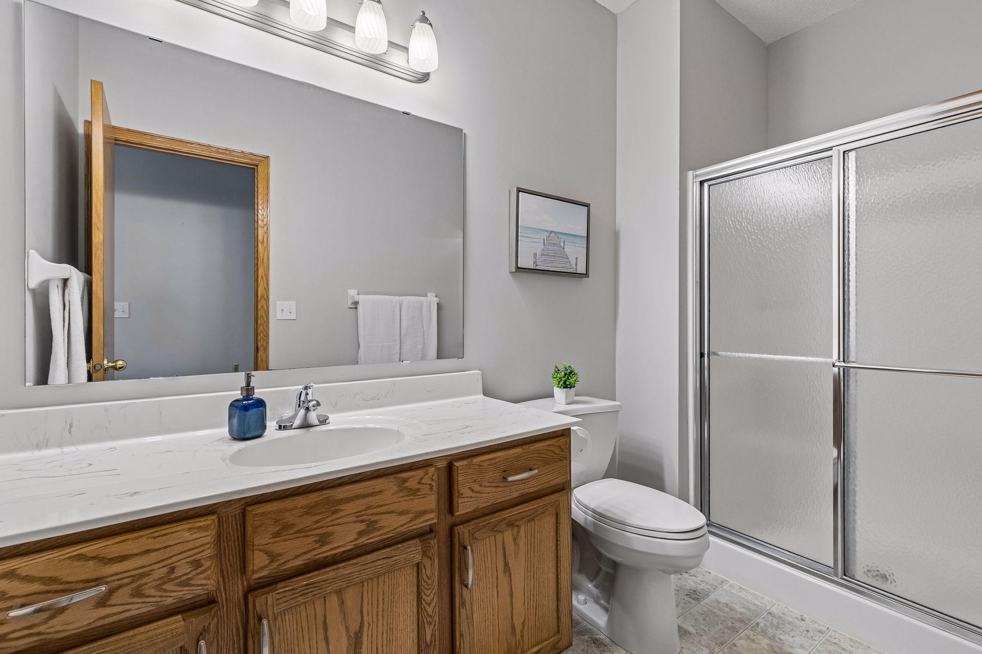Main-level bathroom with oversized vanity, updated countertop, abundant storage, and walk-in shower. Functional and well-maintained bathroom layout.