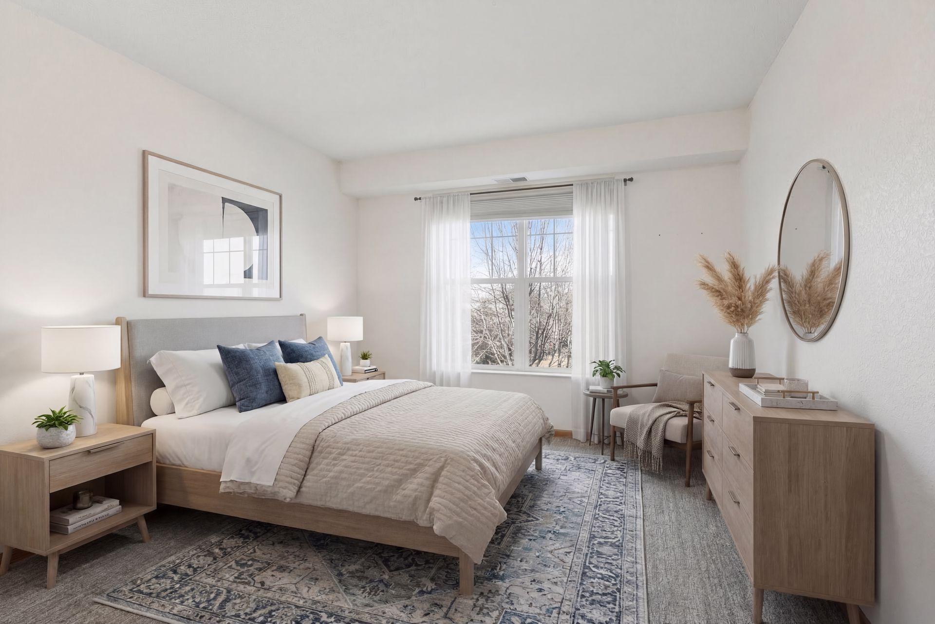 Virtually staged primary suite filled with natural light, featuring a spacious walk-in closet and private bath.