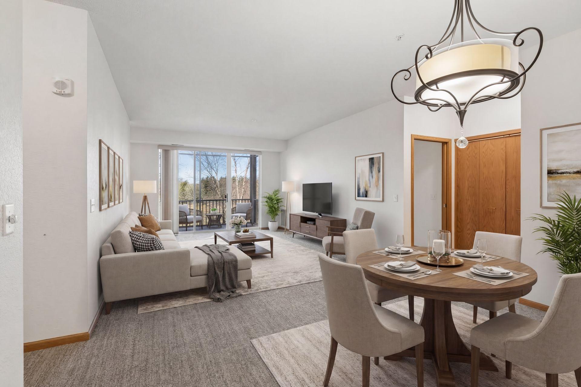 Virtually staged, nice size dining & living room with sliding door out to a lovely screened in porch!