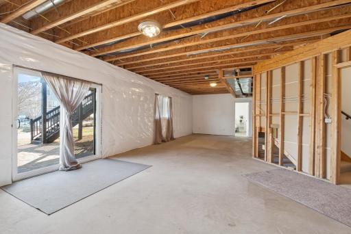 Walk out Lower Level and 3/4 bath roughed in and ready for sheetrock! Finished Bedroom #5 is at the far end.
