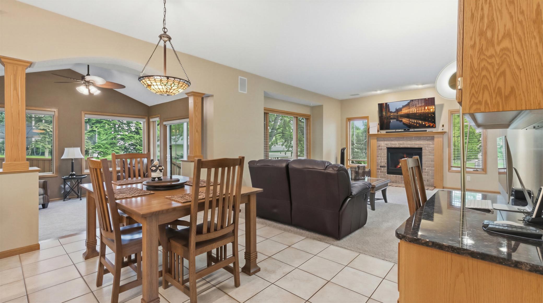 The view of the informal dining and formal family room. There's a small space for a work station (for laptop).