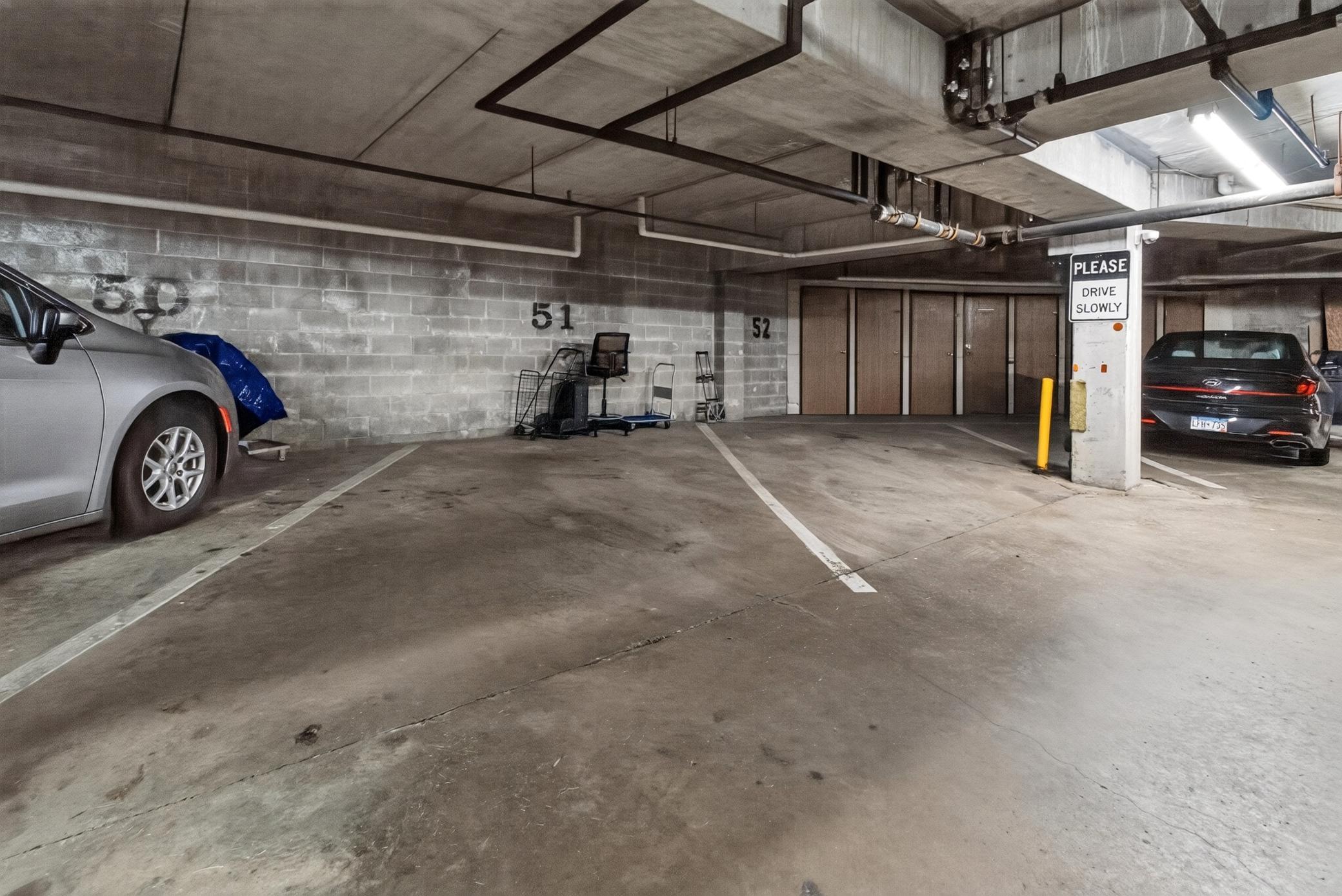 Enjoy the convenience and security of an underground, heated parking garage with dedicated spaces and extra room for storage lockers.