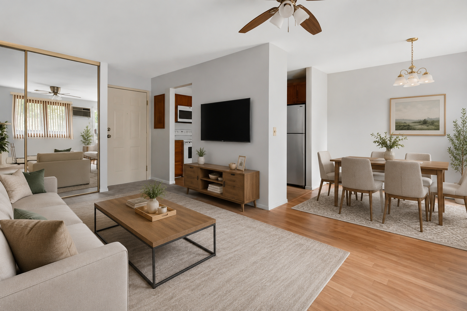 Impressive open-concept living space is beautifully brought to life with virtual staging, highlighting a seamless flow between the carpeted living room, bright dining area, and the galley kitchen.