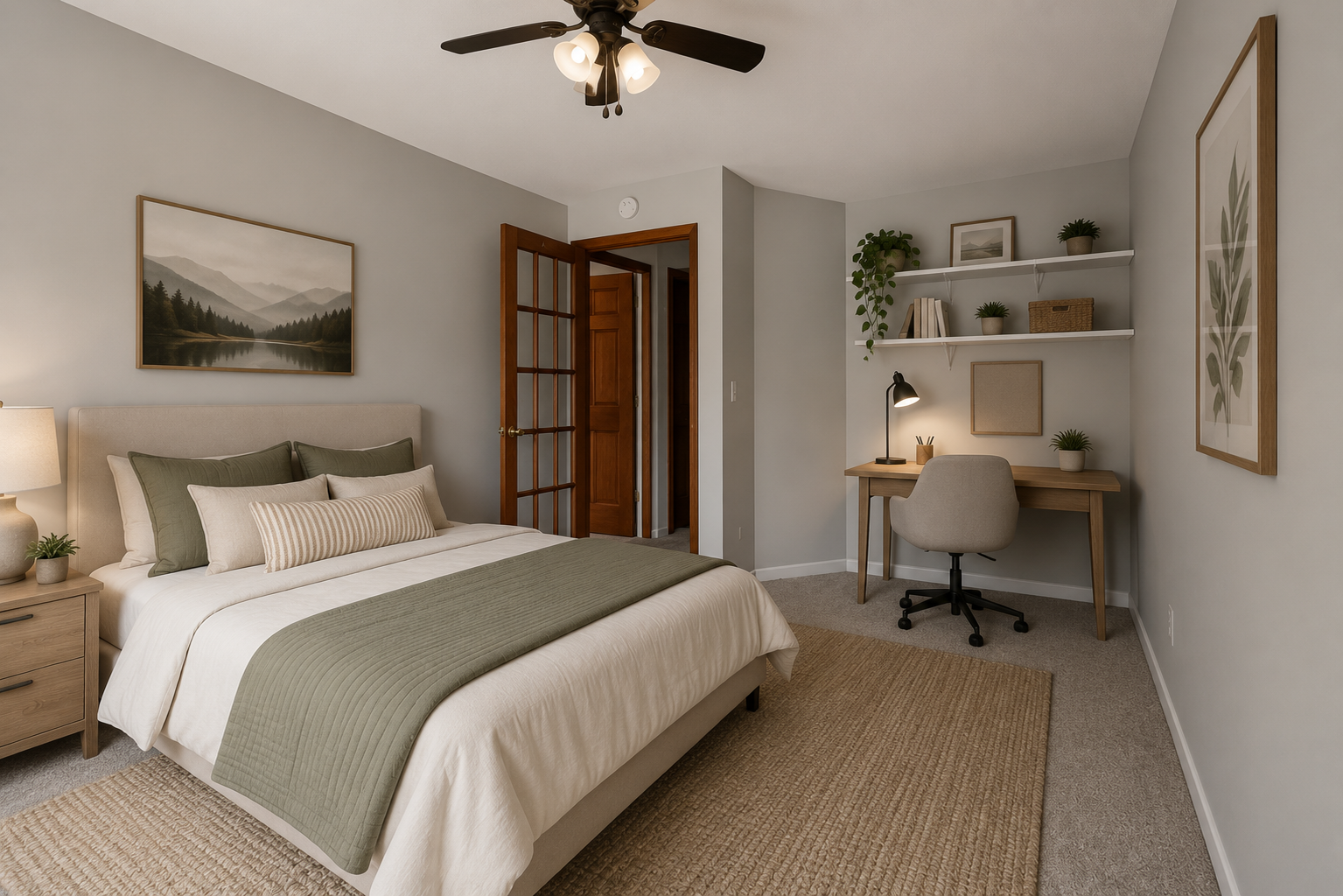 This versatile second bedroom is shown virtually staged with a functional workspace corner, floating display shelves, a ceiling fan, and elegant glass-paneled French doors.