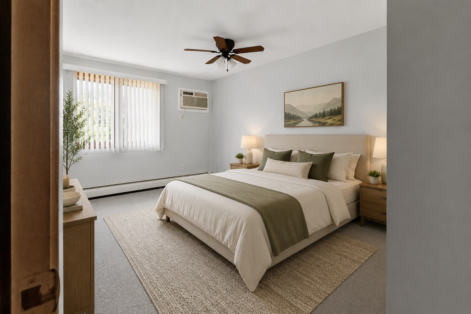 Restful and spacious bedroom features virtually staged furnishings, plush carpeting, a cooling ceiling fan, wall-mounted A/C unit, and a large window providing ample natural light.