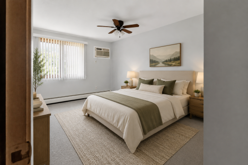 Restful and spacious bedroom features virtually staged furnishings, plush carpeting, a cooling ceiling fan, wall-mounted A/C unit, and a large window providing ample natural light.