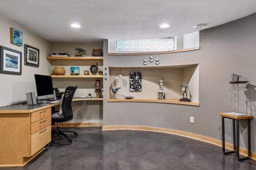 A built-in office workspace creates a functional and dedicated place to work from home.