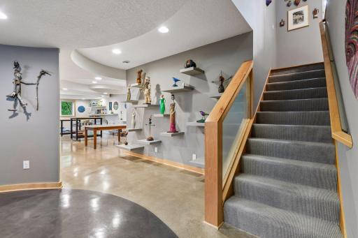 The award-winning lower level features polished concrete floors and distinctive architectural details.