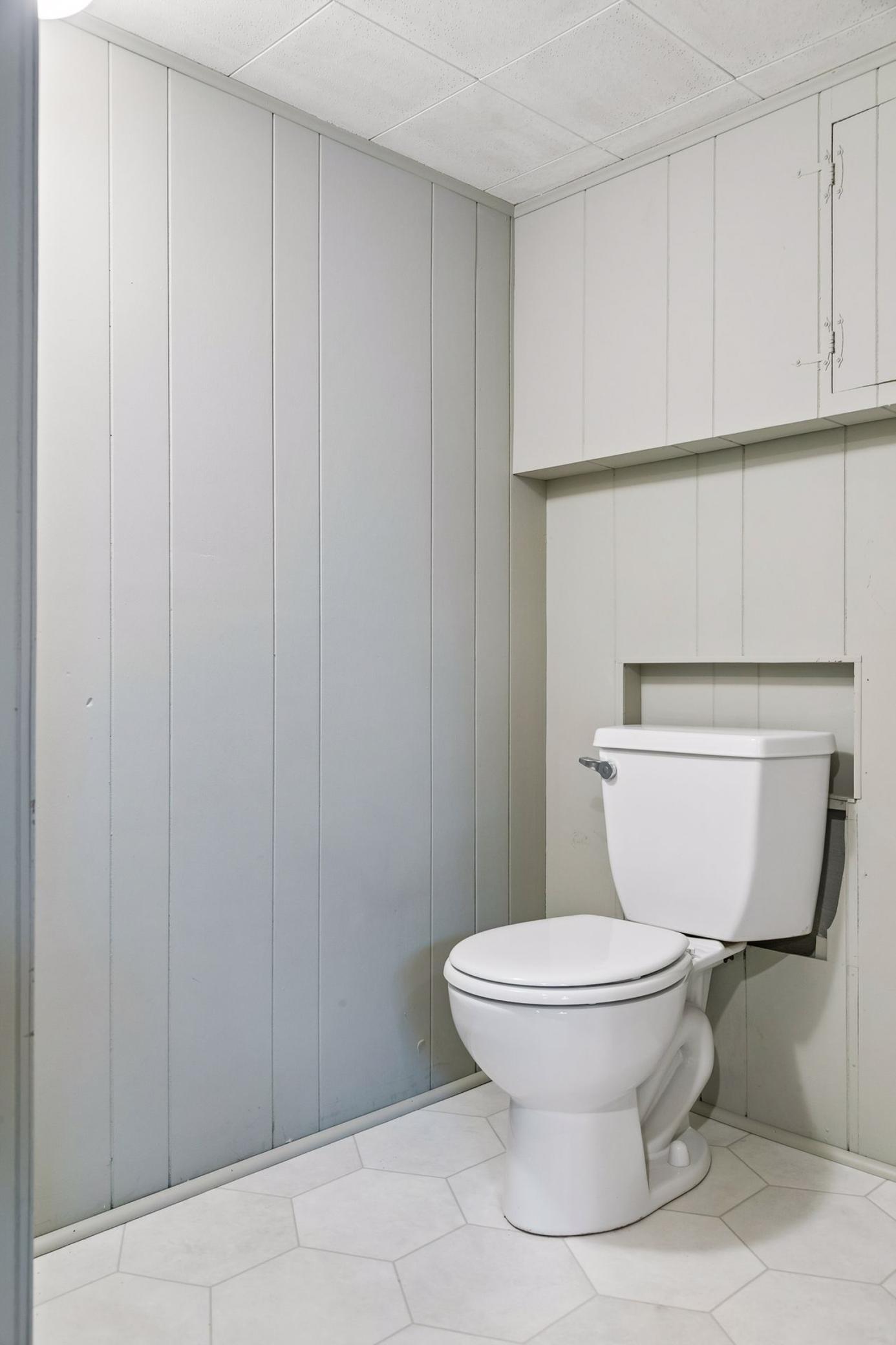 Lower level 1/4 bath with new paint and flooring.