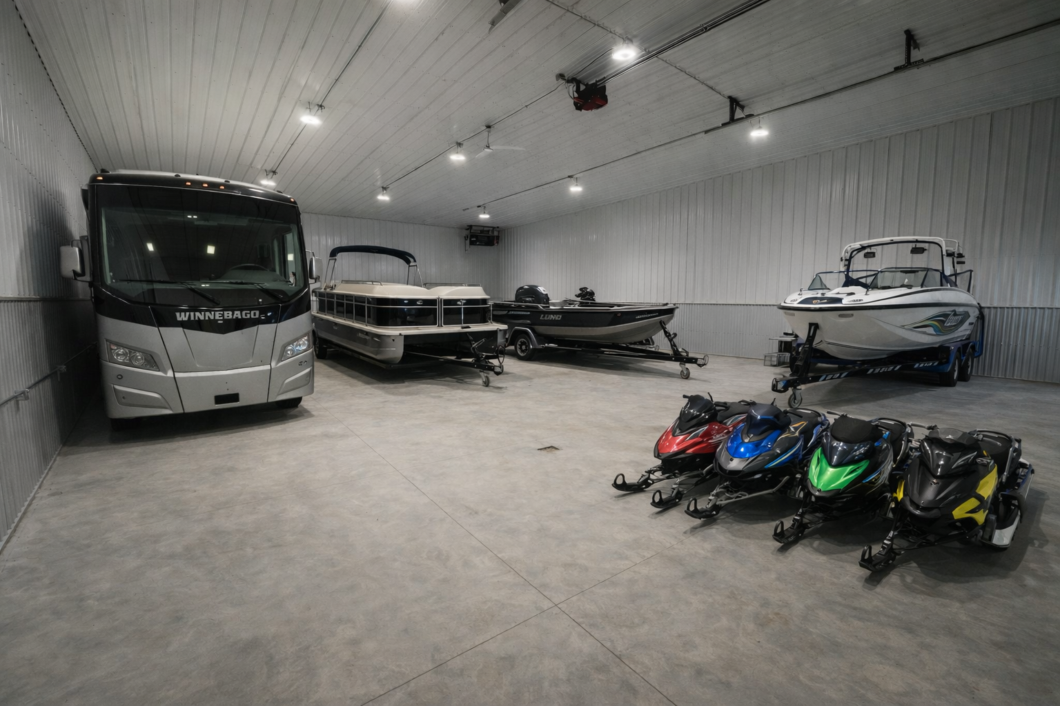Spacious garage with vehicles and boats.png