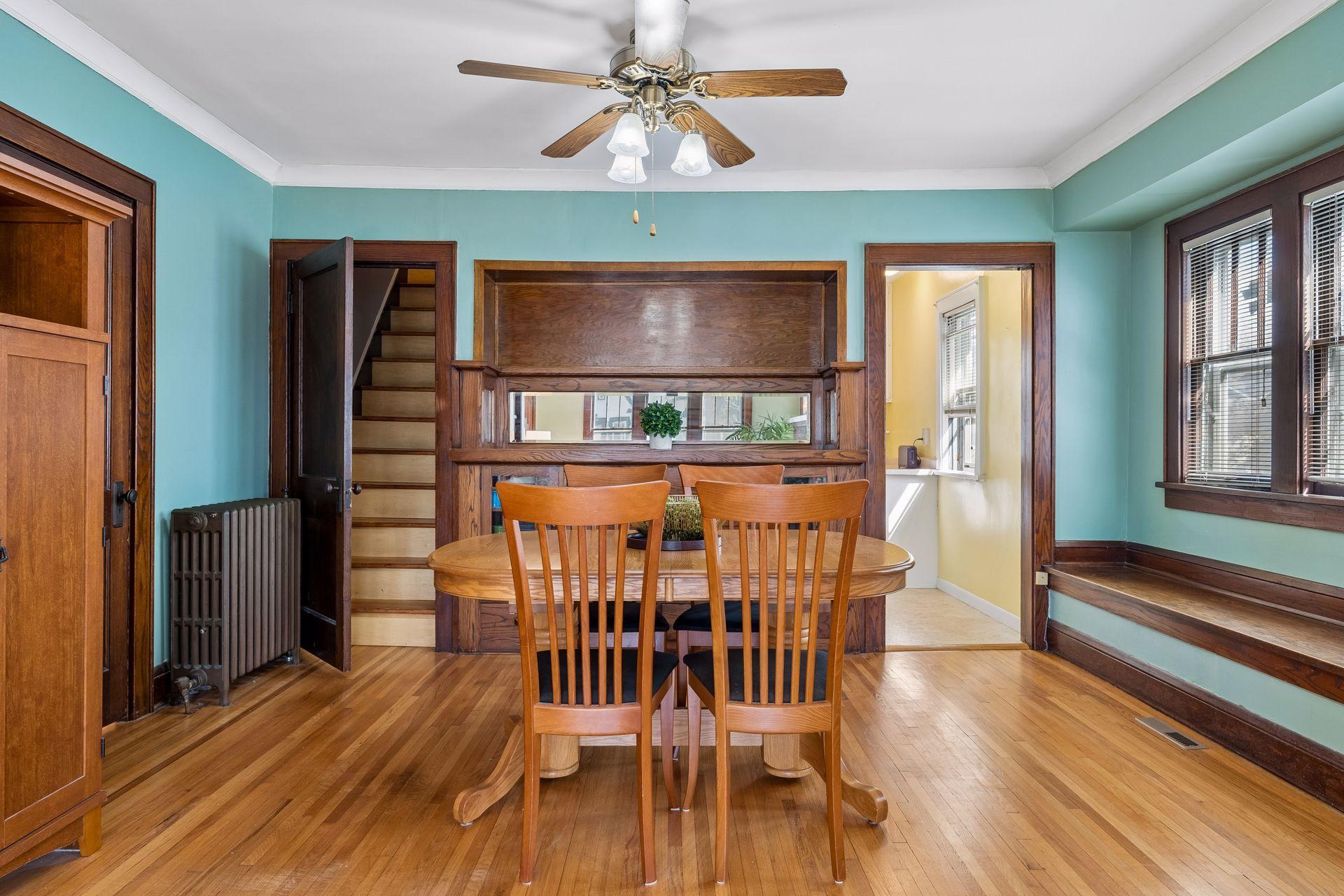 Dining room with large built in buffet with mirror.