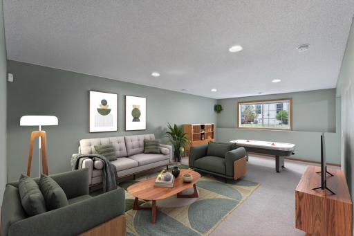 Lower-level virtually staged to showcase the incredible potential for cozy gathering spaces and recreation.