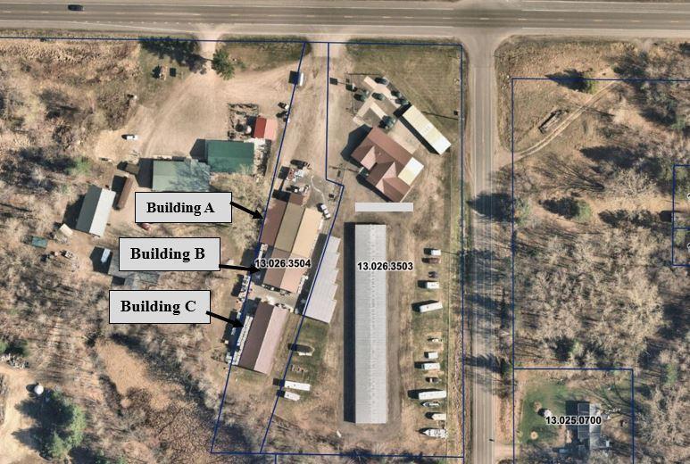 Parcel Aerial with 3 buildings labeled