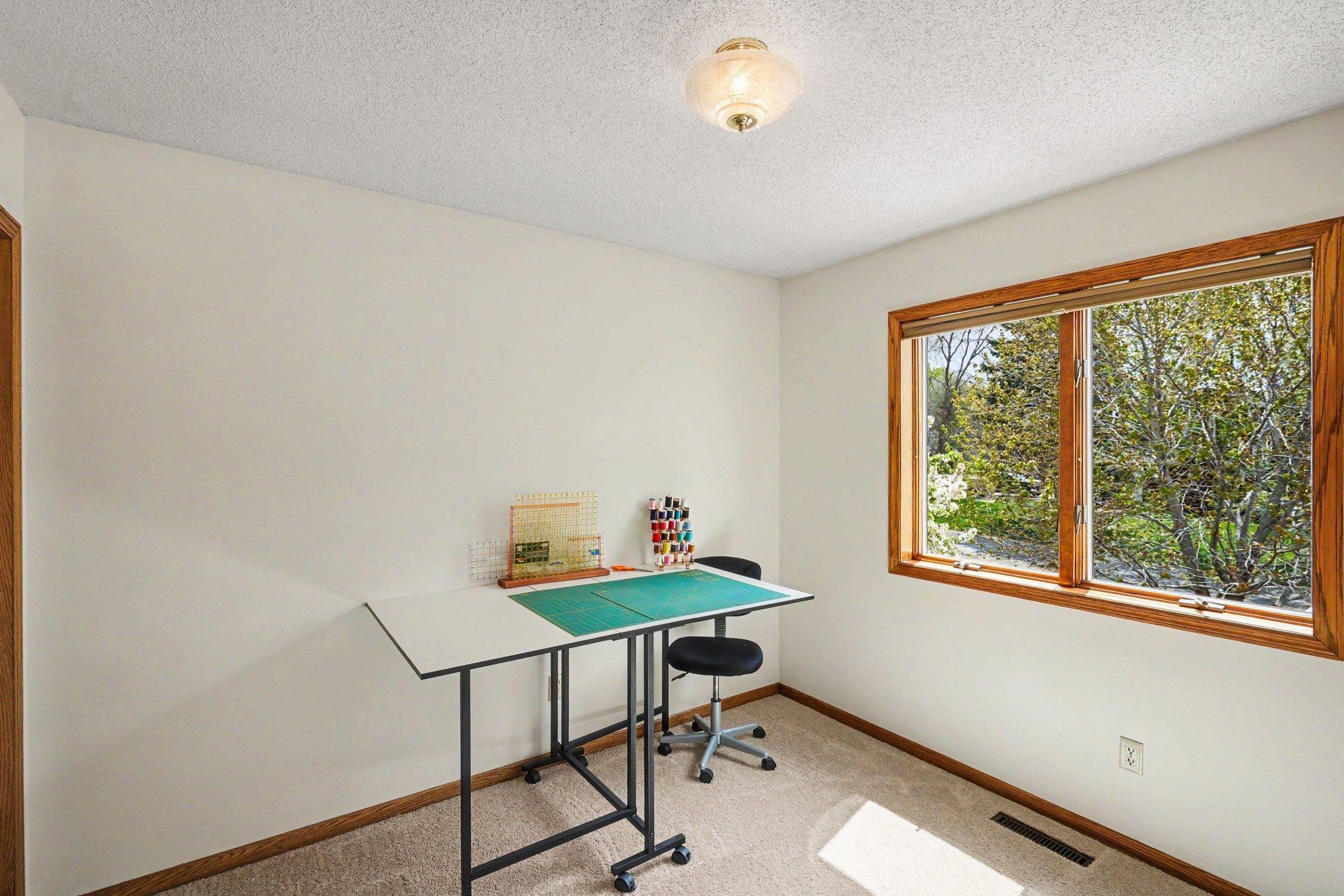 View of the third bedroom on the upper level. It features brand new carpet, a large window, & roomy closet.