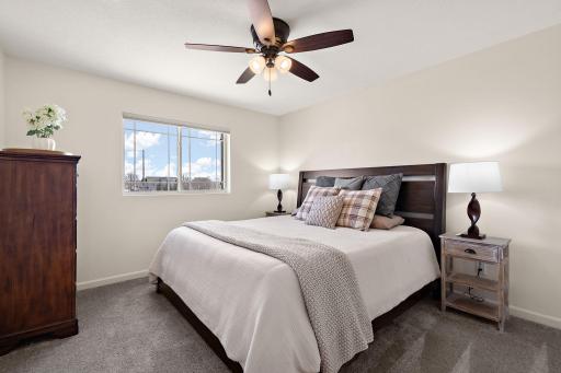 The primary bedroom is located upstairs and away from the main living area.
