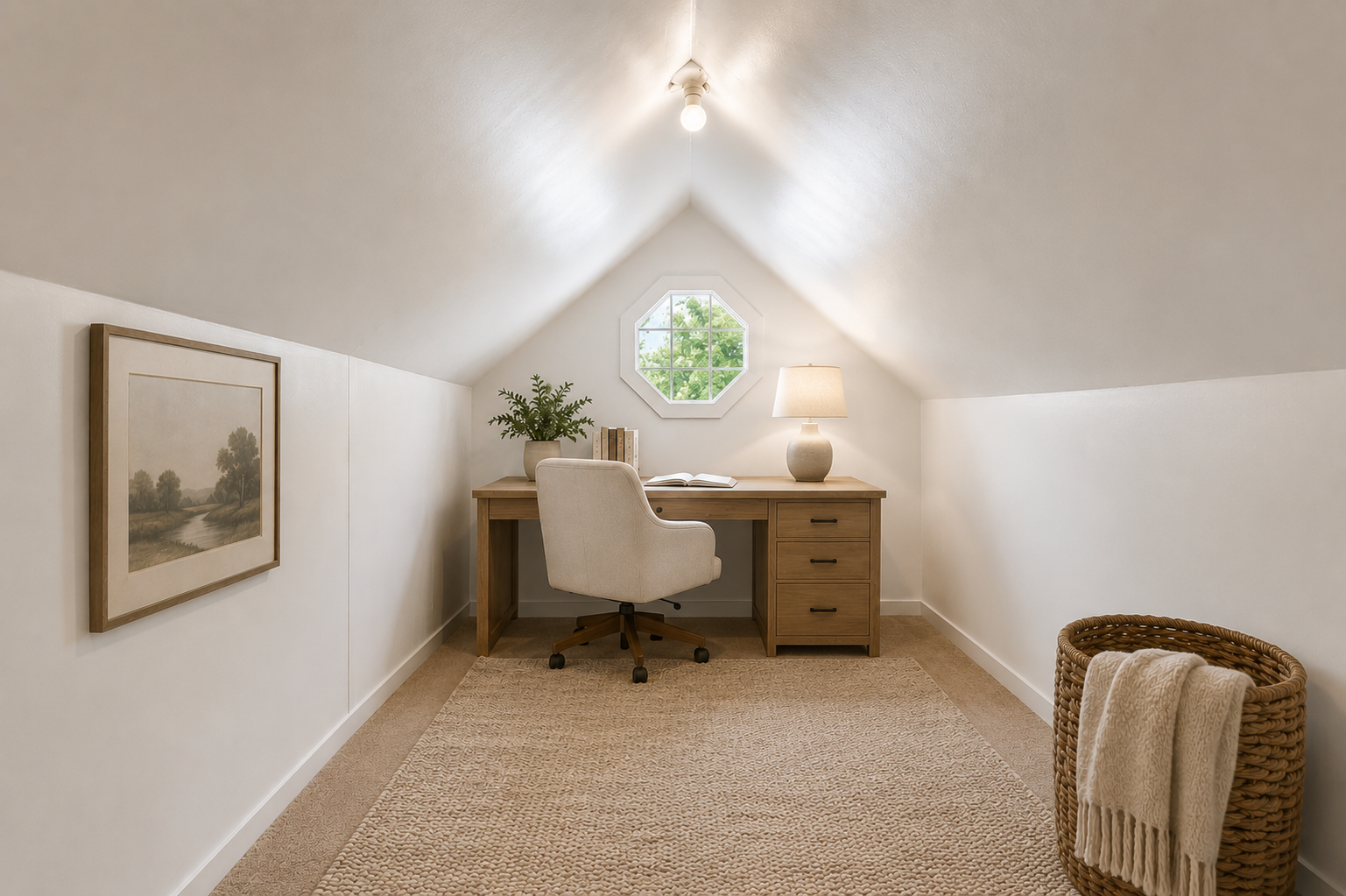 Upper level flex space virtually staged as office.