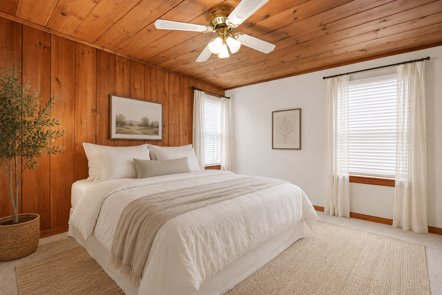 Main-level bedroom with warm wood detail. Virtually staged.