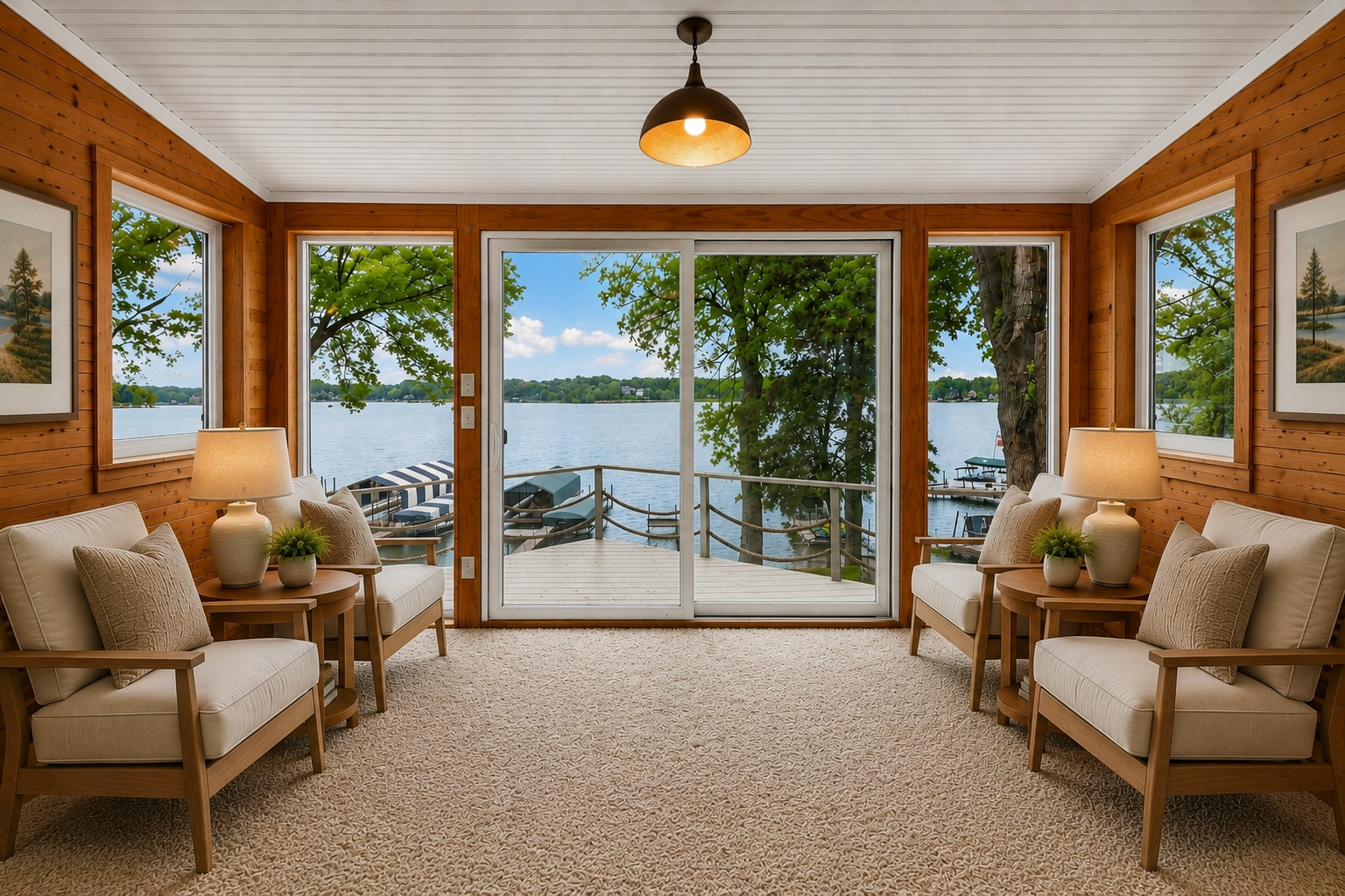 Lakeside 3-season sun room with incredible water views. Virtually staged.