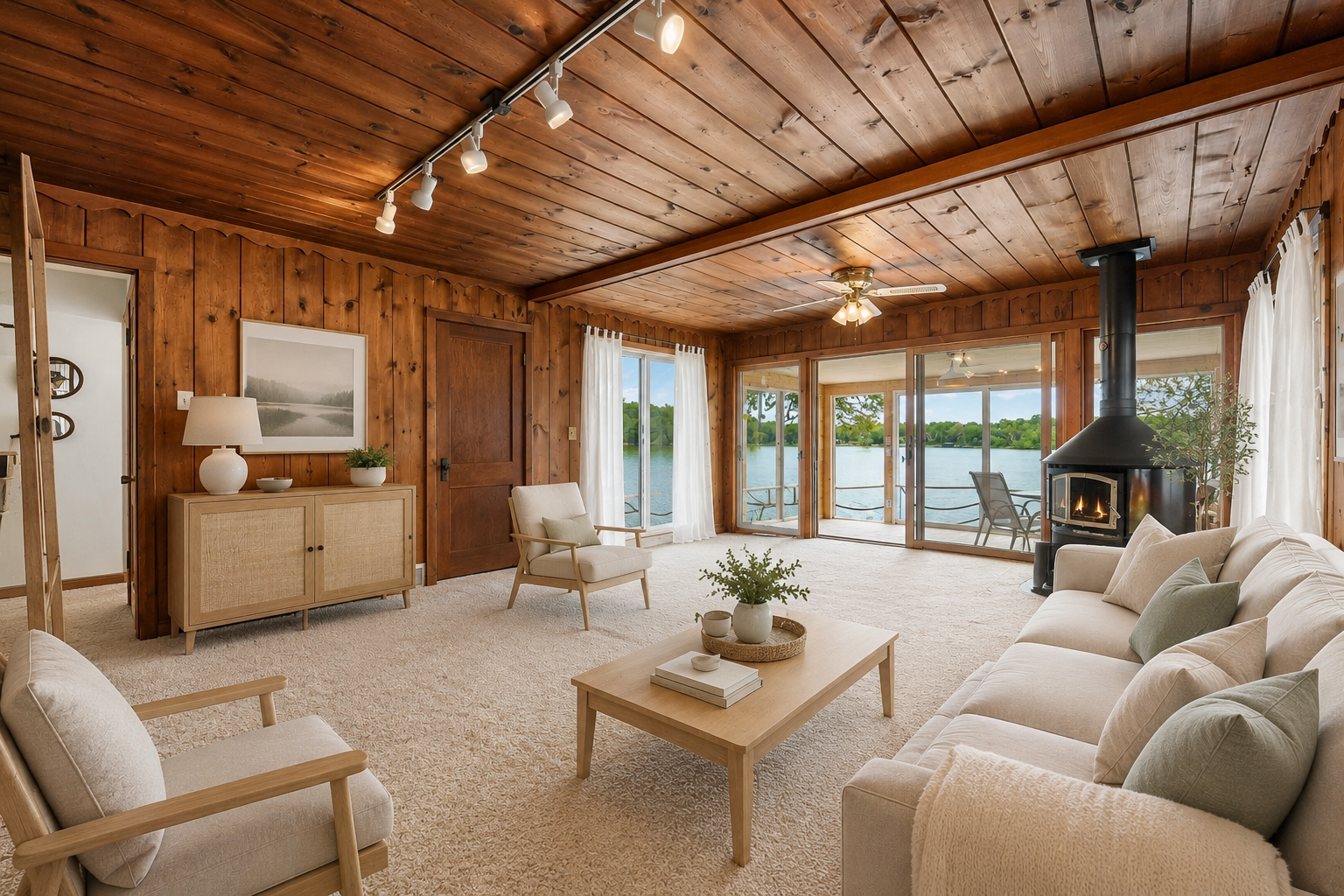 Warm, inviting family room with lake views and wood-burning stove. Virtually staged.