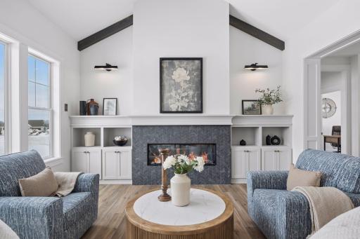 Stunning gas fireplace with custom built-in cabinets