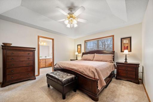 The main level primary bedroom suite has a tray ceiling and views of the backyard.