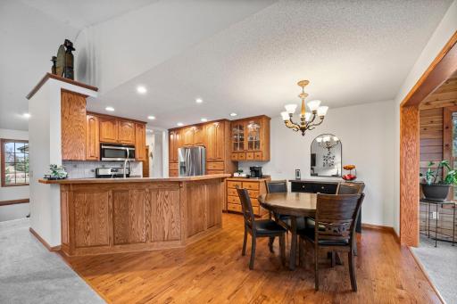 The kitchen and dining room have hardwood floors.