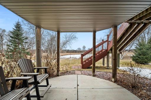 The patio is accessible from the basement family room and stays sheltered from the elements.