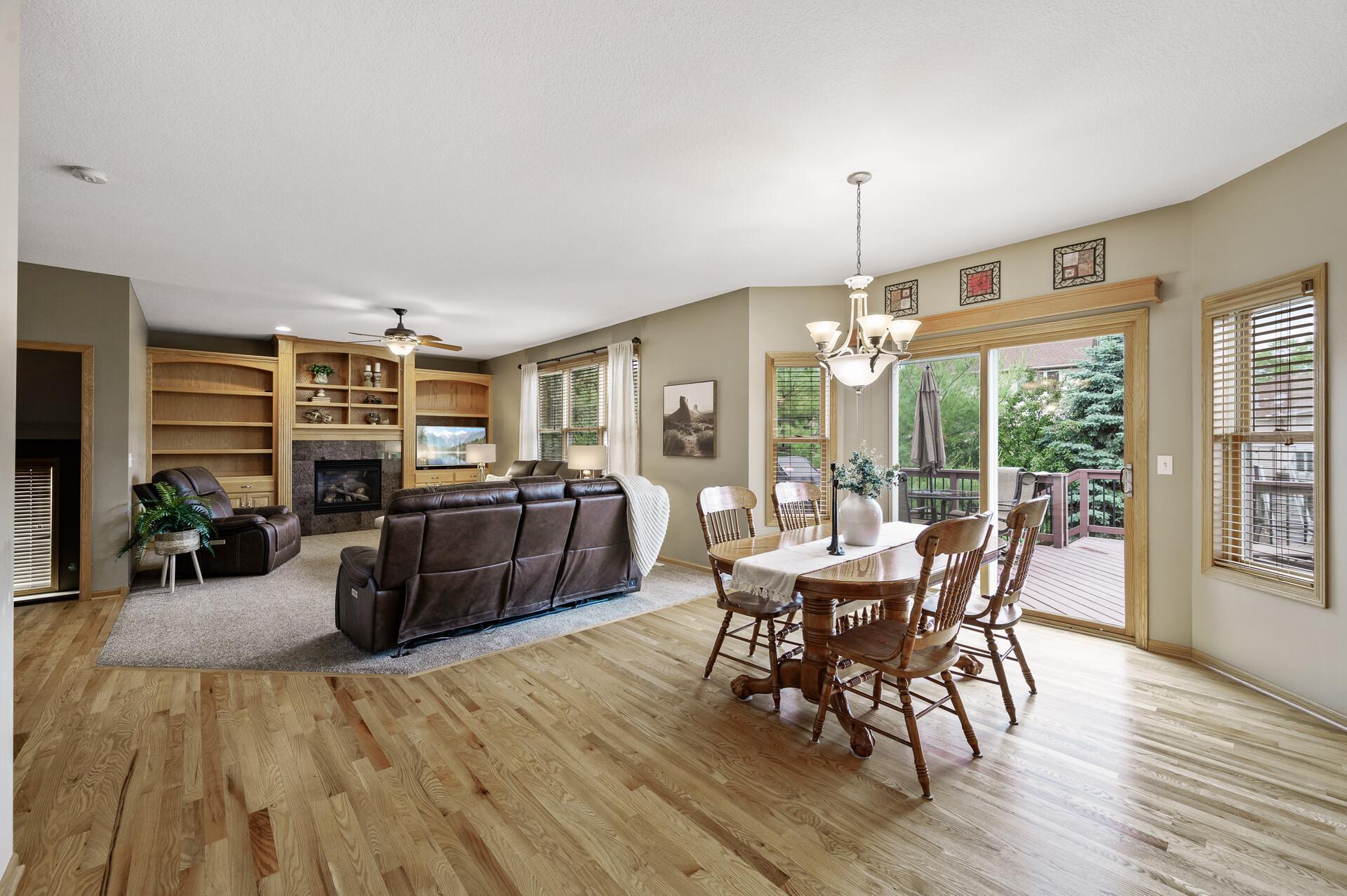 Perfectly connected to the outdoors, this dining room opens to a deck—making entertaining a breeze.