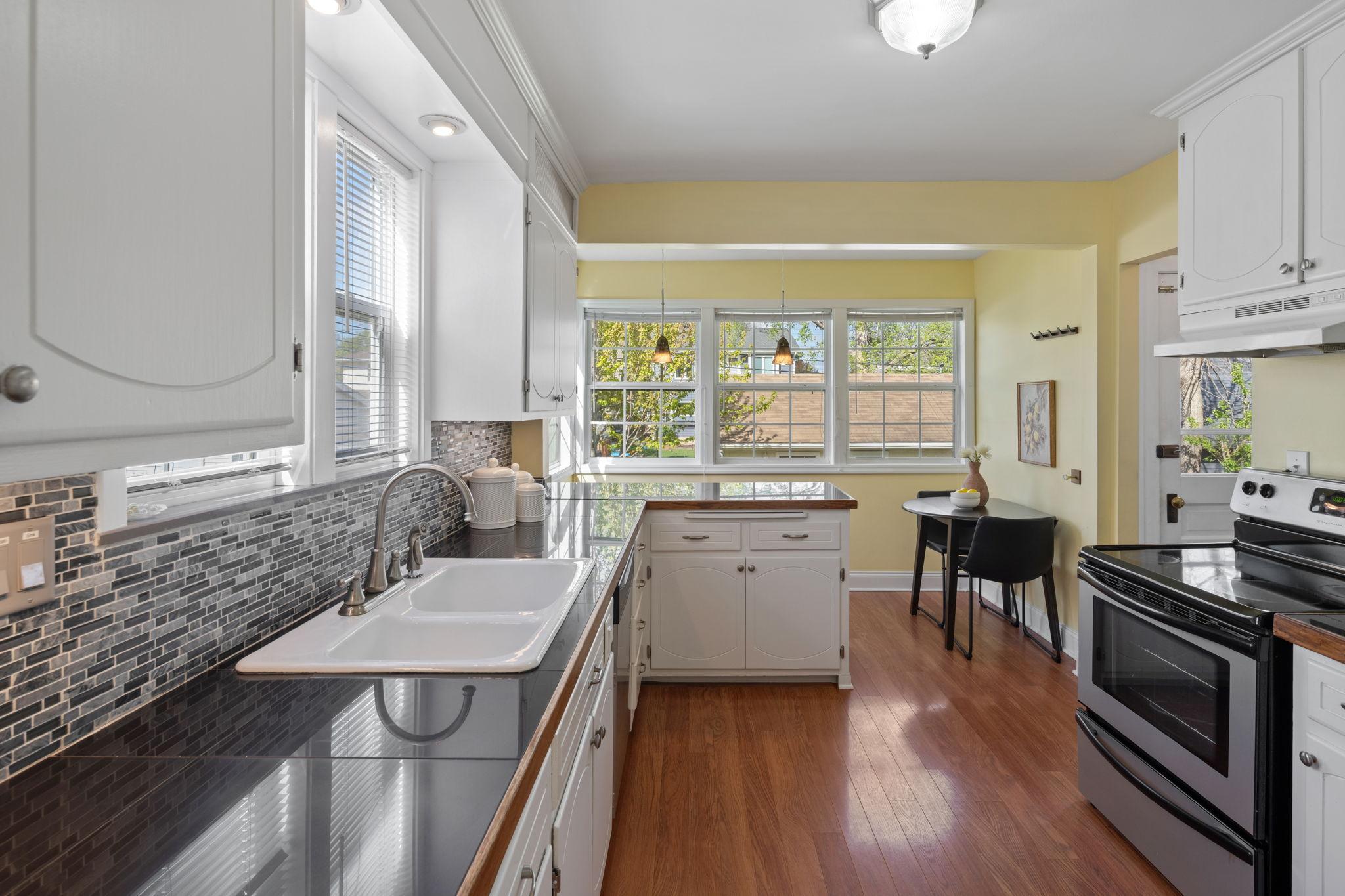 Spacious and open kitchen with west-facing windows.