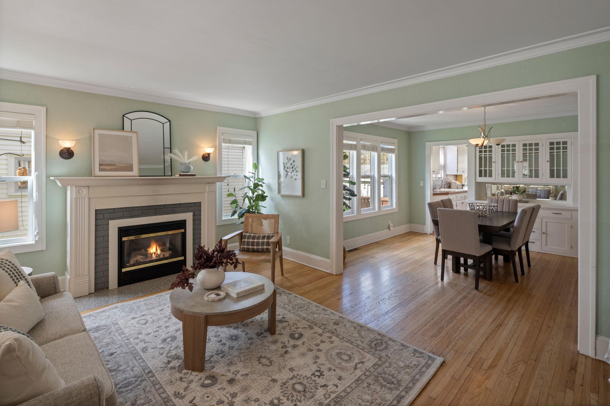 Great flow from porch to living room, dining room and to kitchen.