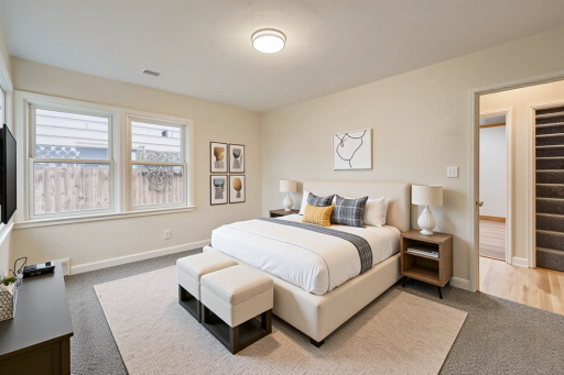 This is a virtually staged picture of the second bedroom on the main level. Corner windows, new carpet. This is a move in ready home